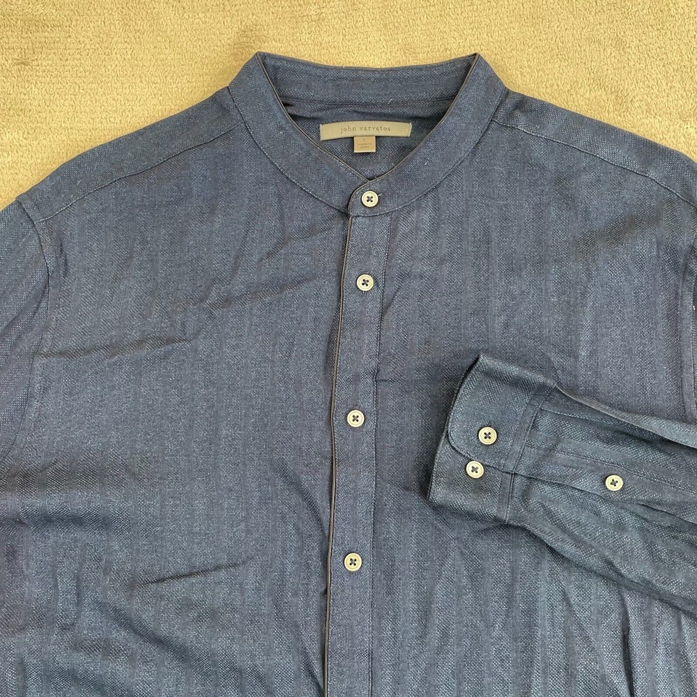 John Varvatos Shirt Men Large Blue Band Mandarin Collar Long Sleeve NWOT $395